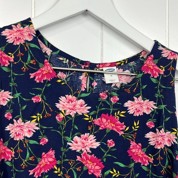 Old navy Womens Dress M Navy Pink Floral Button Keyhole Sleeveless Pullover EUC - Picture 3 of 12